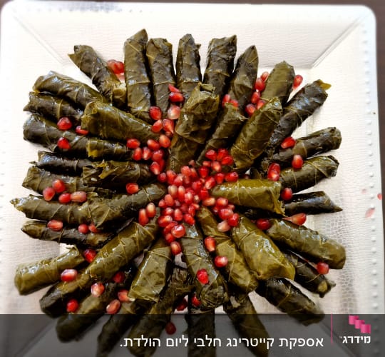 עלי גפן ממולאים עם גרגרי רימון על צלחת